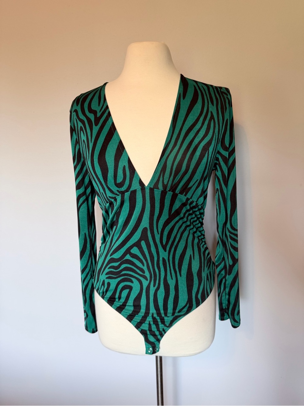 Bar III Teal and Black Zebra-Print Long Sleeve V-Neck Bodysuit